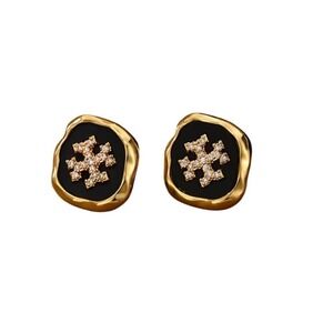 Tory Burch Irregular Round Gold Stud Earrings with Black Enamel NEW